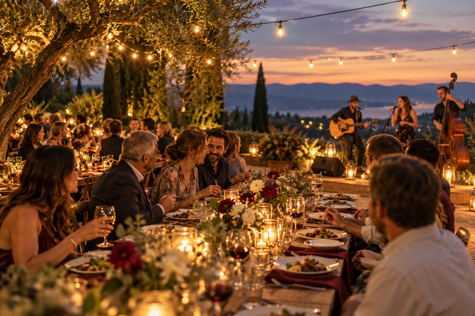 An outdoor gathering with food and music