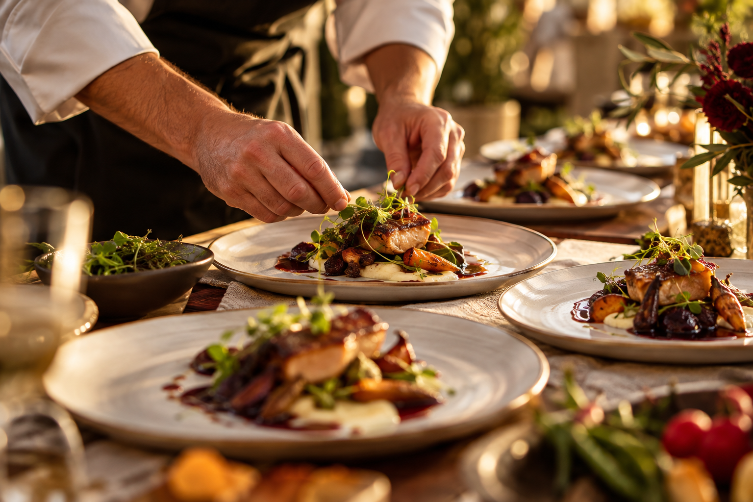 A chef plating food for a gathering