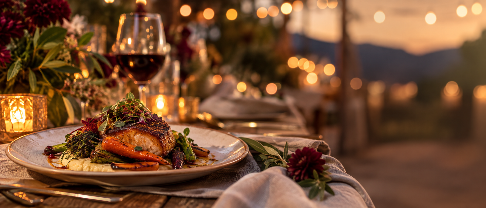A plated entrée beside a warmly lit table setting