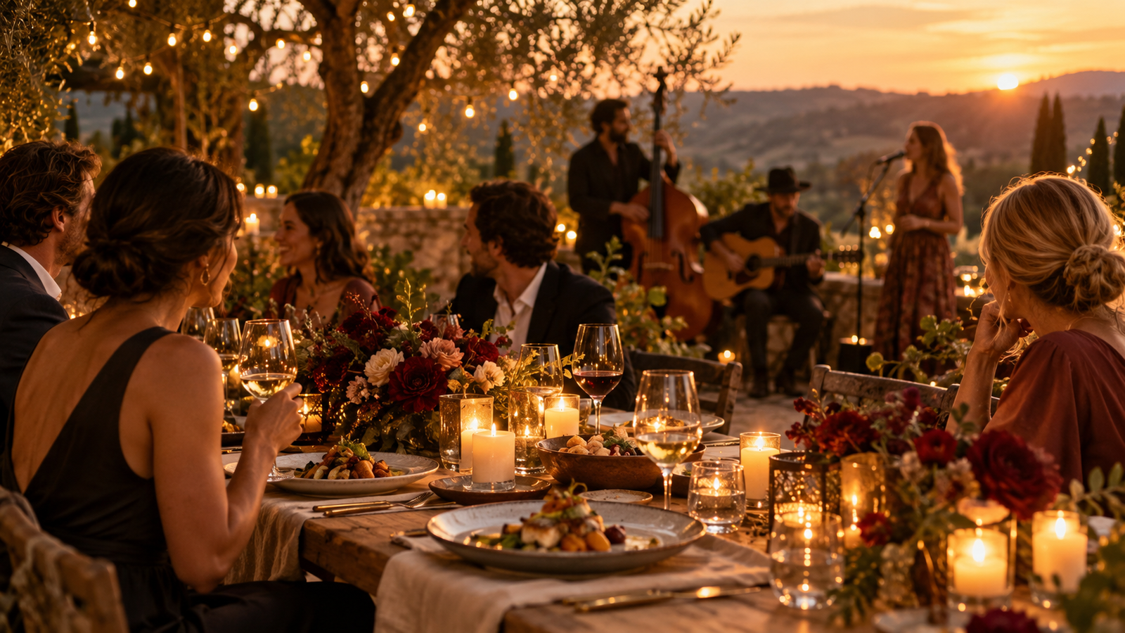 Guests dining at a candlelit outdoor table with live music at sunset