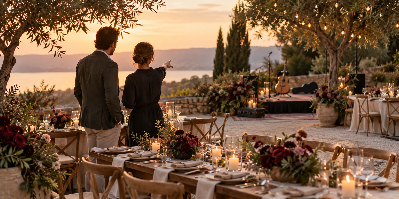 Two people considering an outdoor dining area and performance space